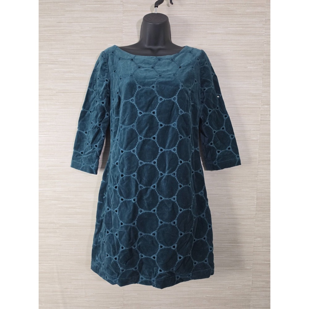 Boden Velvet Shift Dress Womens 4R Teal Green Lined Cutout Eyelet 3/4 Sleeve